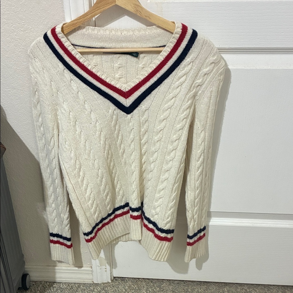 Ralph Lauren Cream V-Neck Sweater with Red and Blue Accents